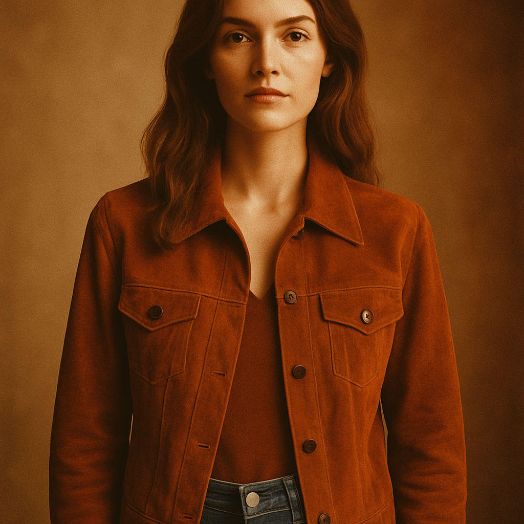 Studio portrait of a tall woman wearing a rust suede jacket and high-waisted denim, styled in a warm film photography aesthetic