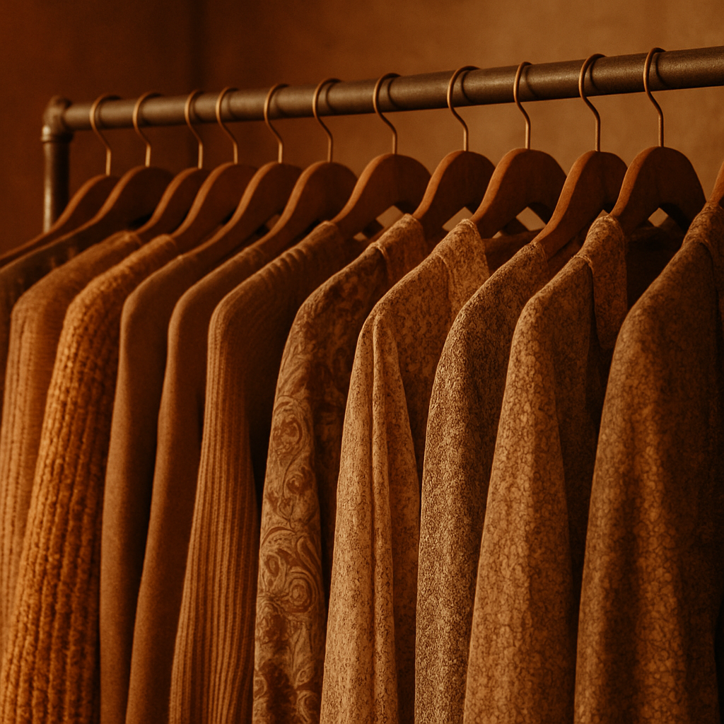 Close-up of a vintage clothing rack with amber-toned knits and patterned blouses in a boutique setting