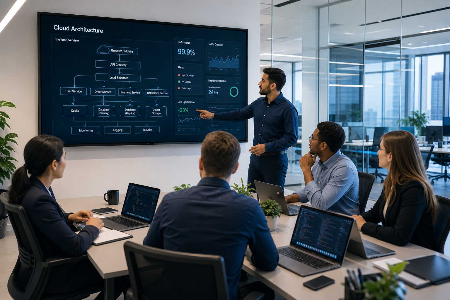 Enterprise software team collaborating around a wall of cloud architecture diagrams and dashboards in a modern U.S. office