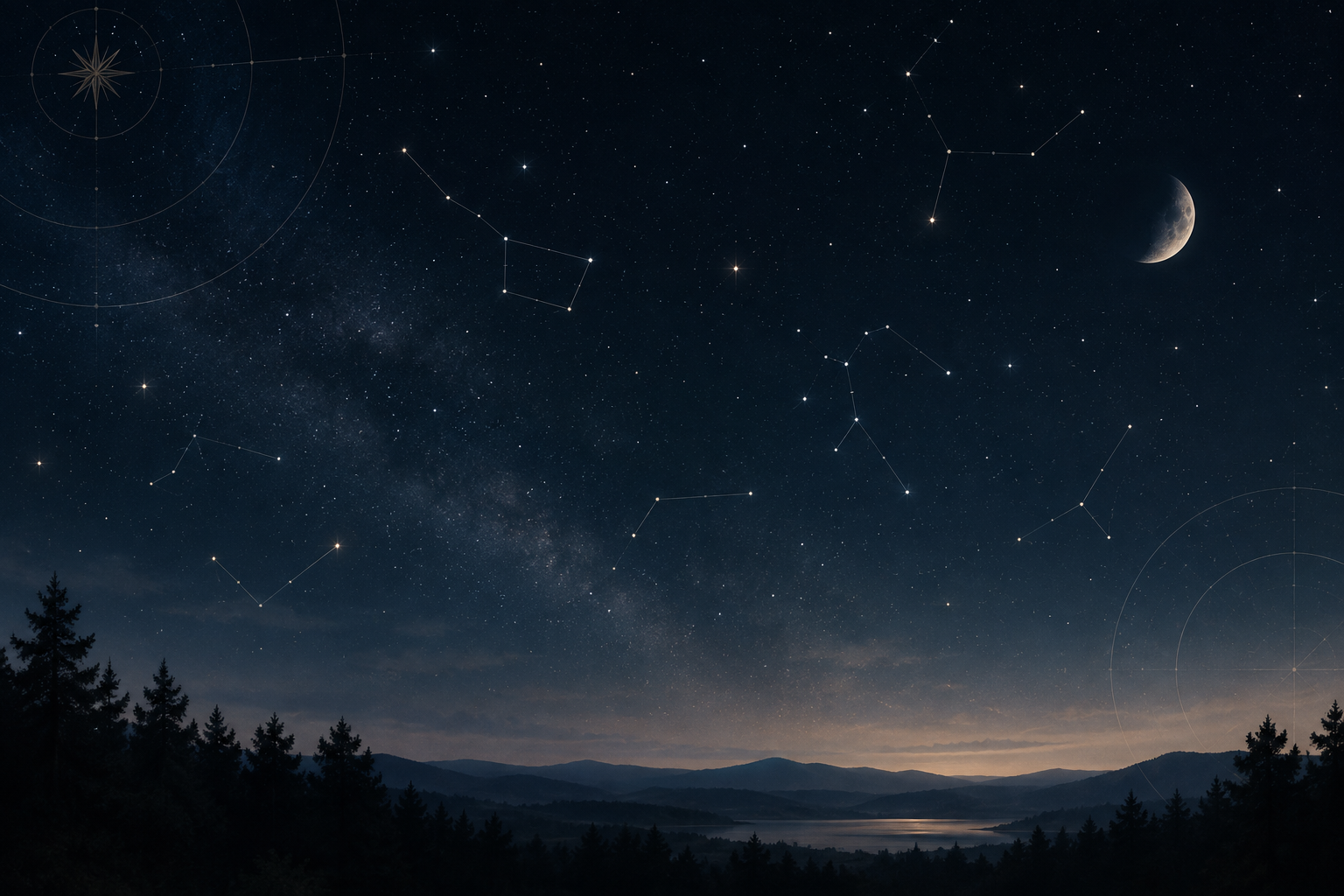 Refined night-sky scene with subtle constellation overlays and chart-like celestial structure