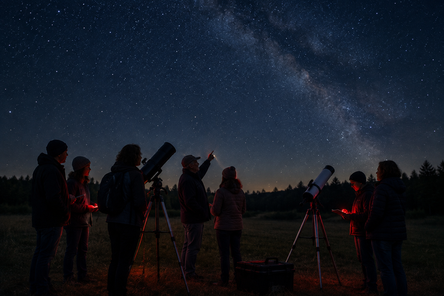Small group of stargazers beside telescopes under a clear starry sky at a local field