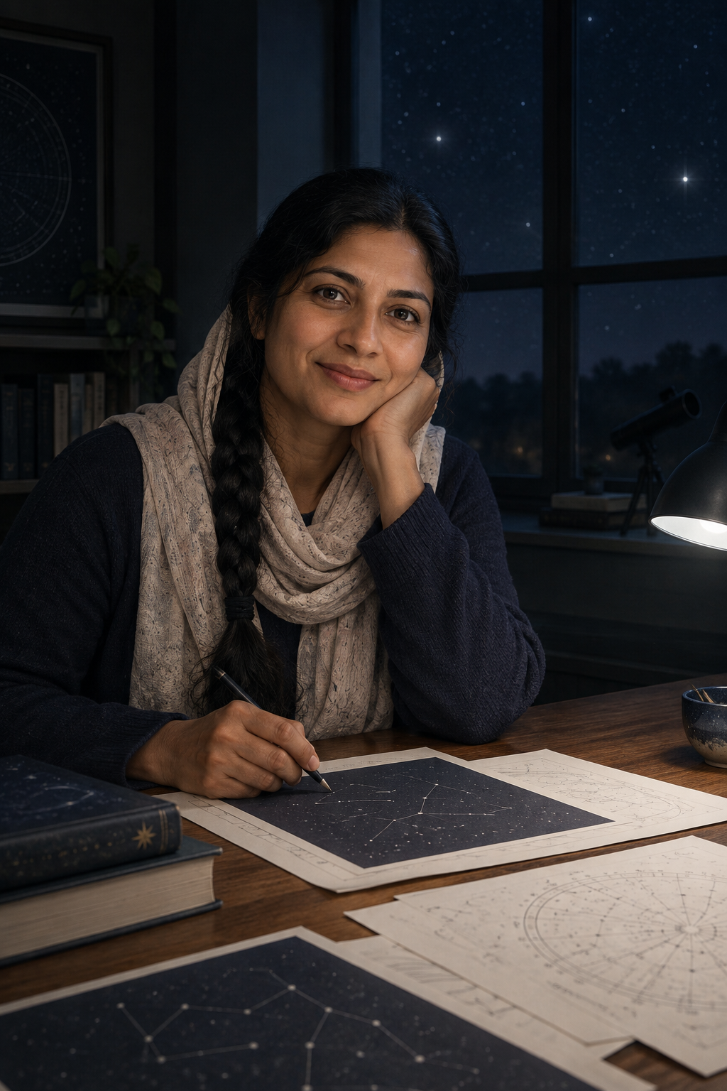 Aisha Rahman, guides editor volunteer, seated beside constellation sketches with a soft blue desk lamp