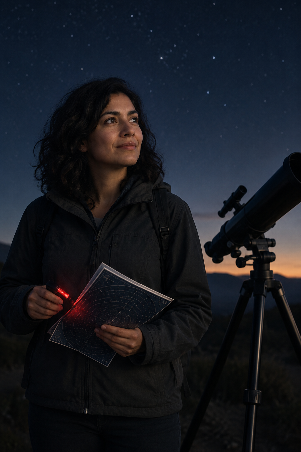 Lina Ortega, a volunteer astronomy organizer, standing with a star chart and warm red flashlight glow
