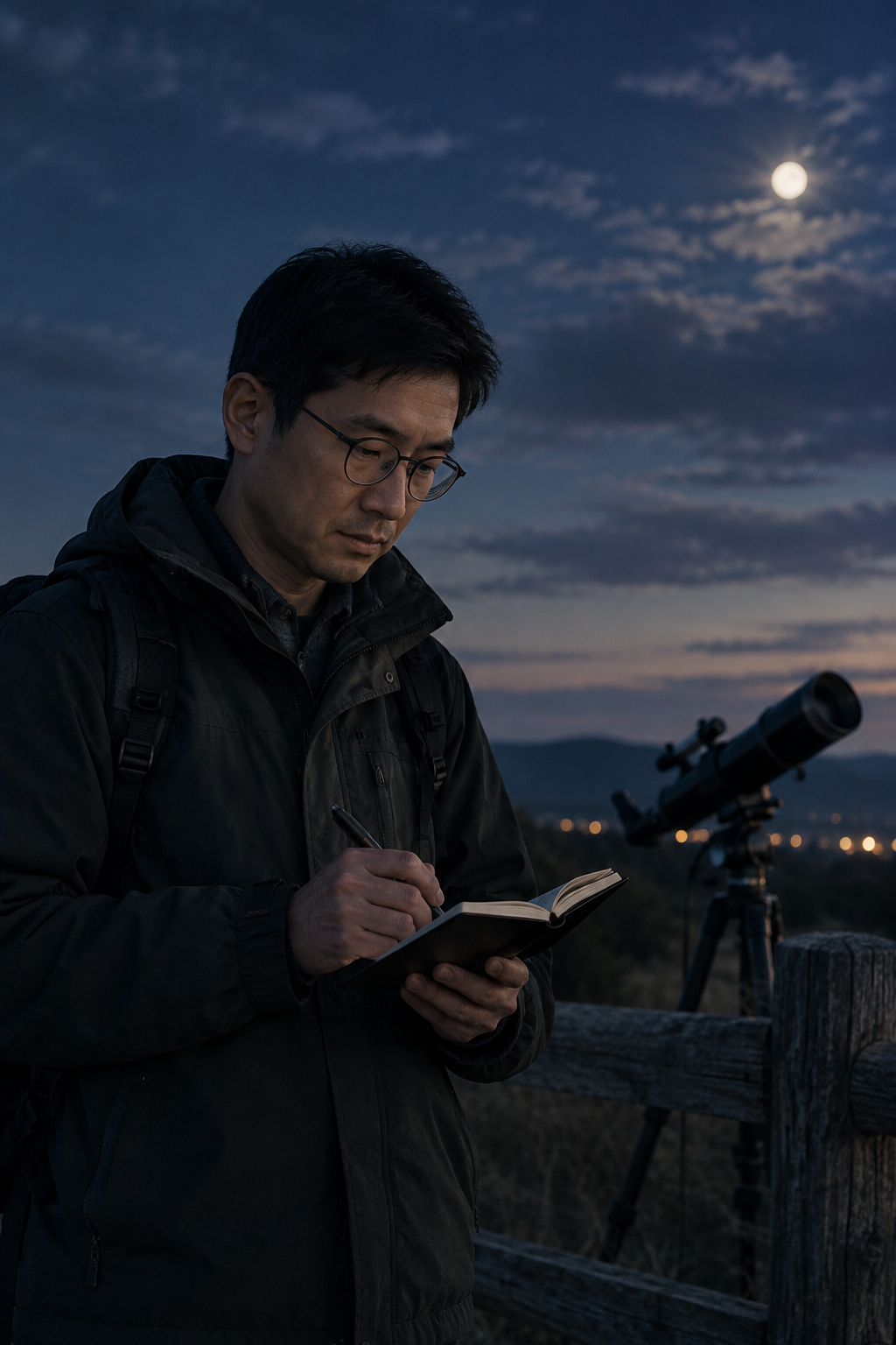 Marcus Chen, a meetup coordinator volunteer, in a dark field jacket reviewing weather notes at dusk