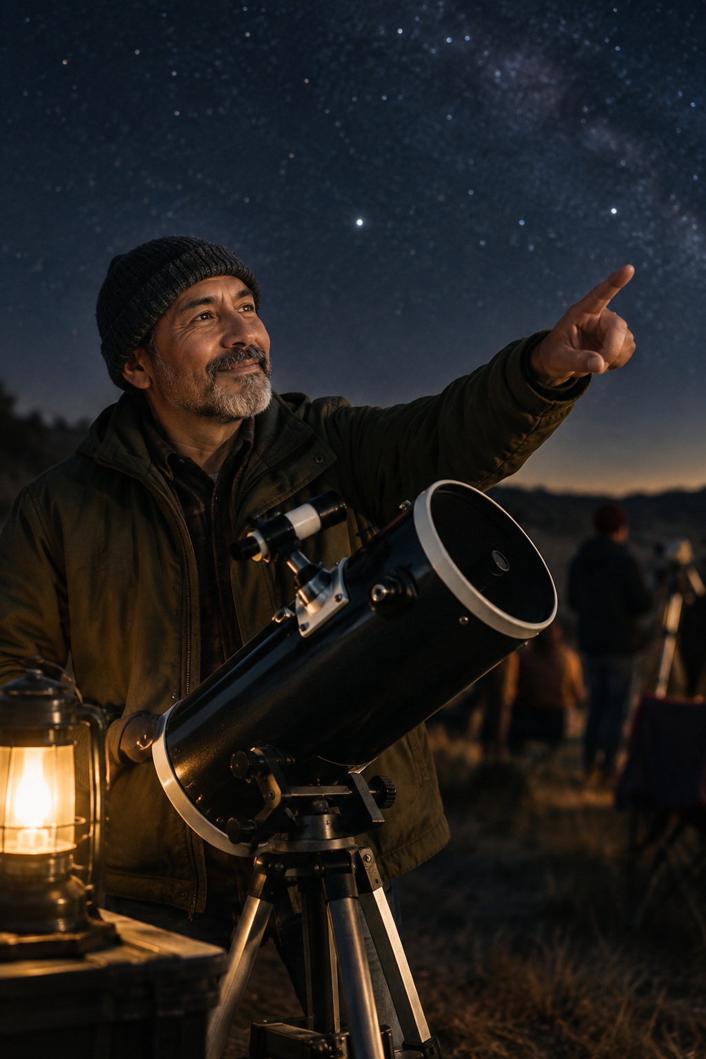 Tomás Ibarra, community mentor volunteer, smiling near a telescope under a softly lit evening sky