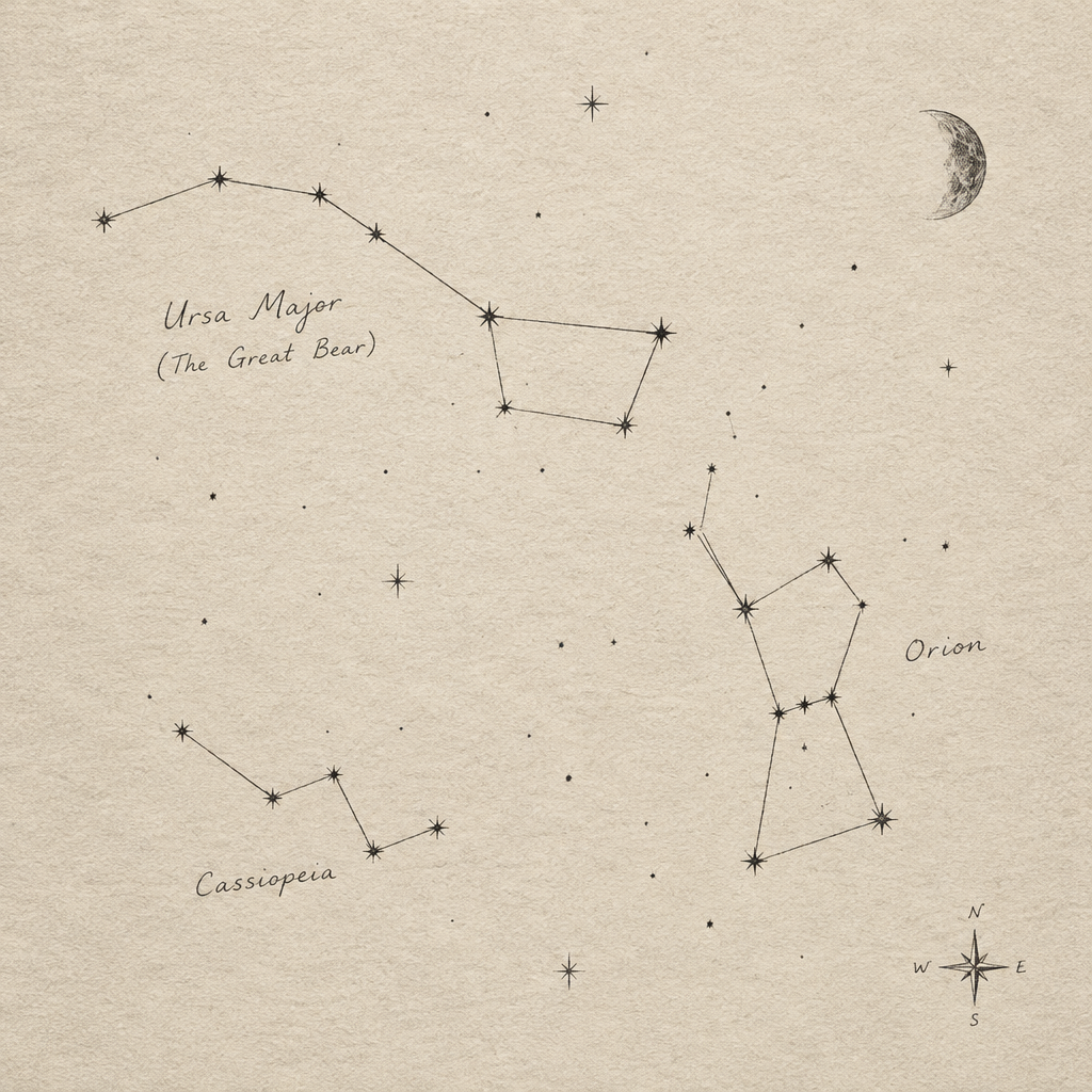 Monochrome sketched star map showing hand-drawn constellation lines and labeled reference stars