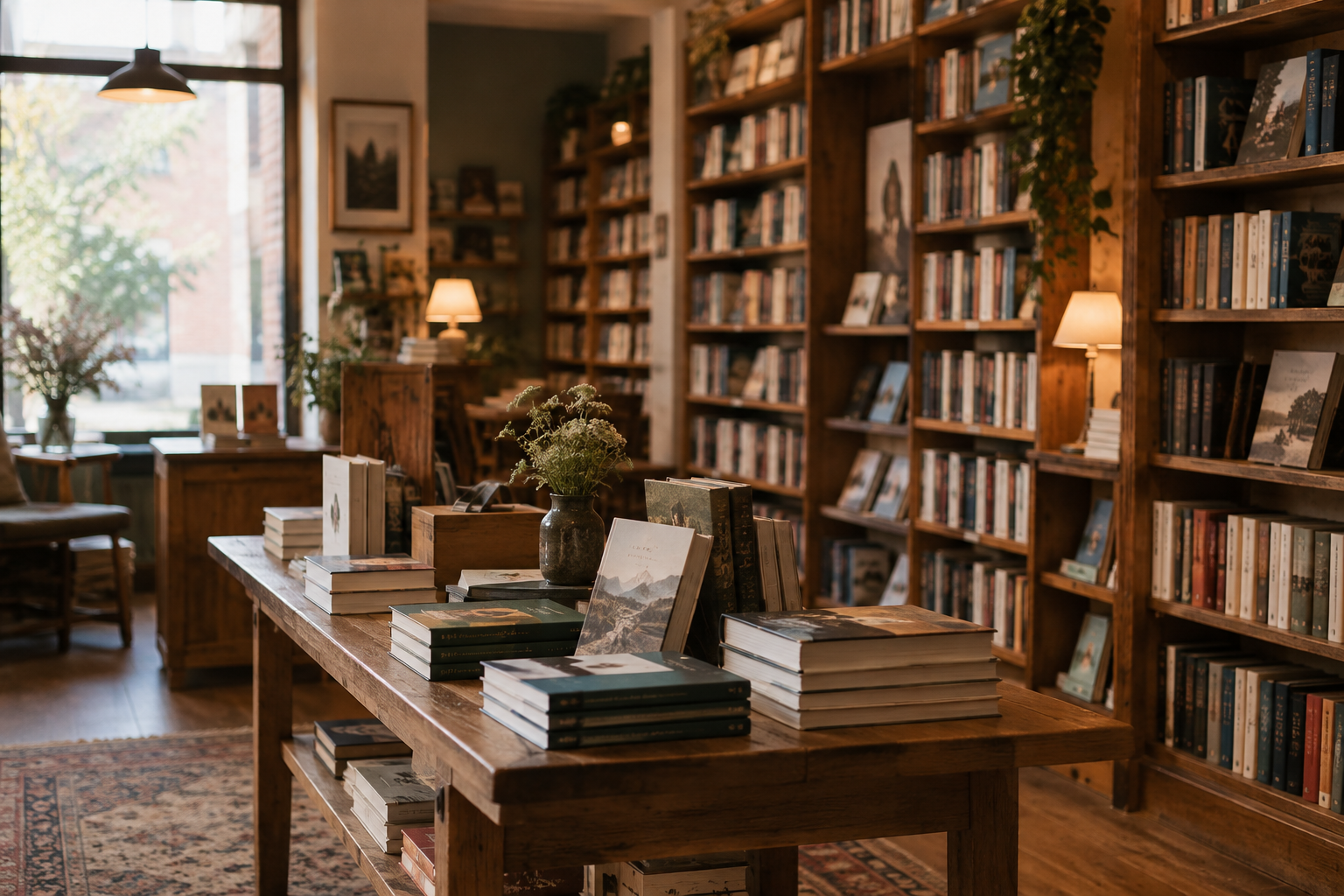 Refined independent bookshop interior with wooden shelves, warm soft lamplight, stacked books, and tactile reading details