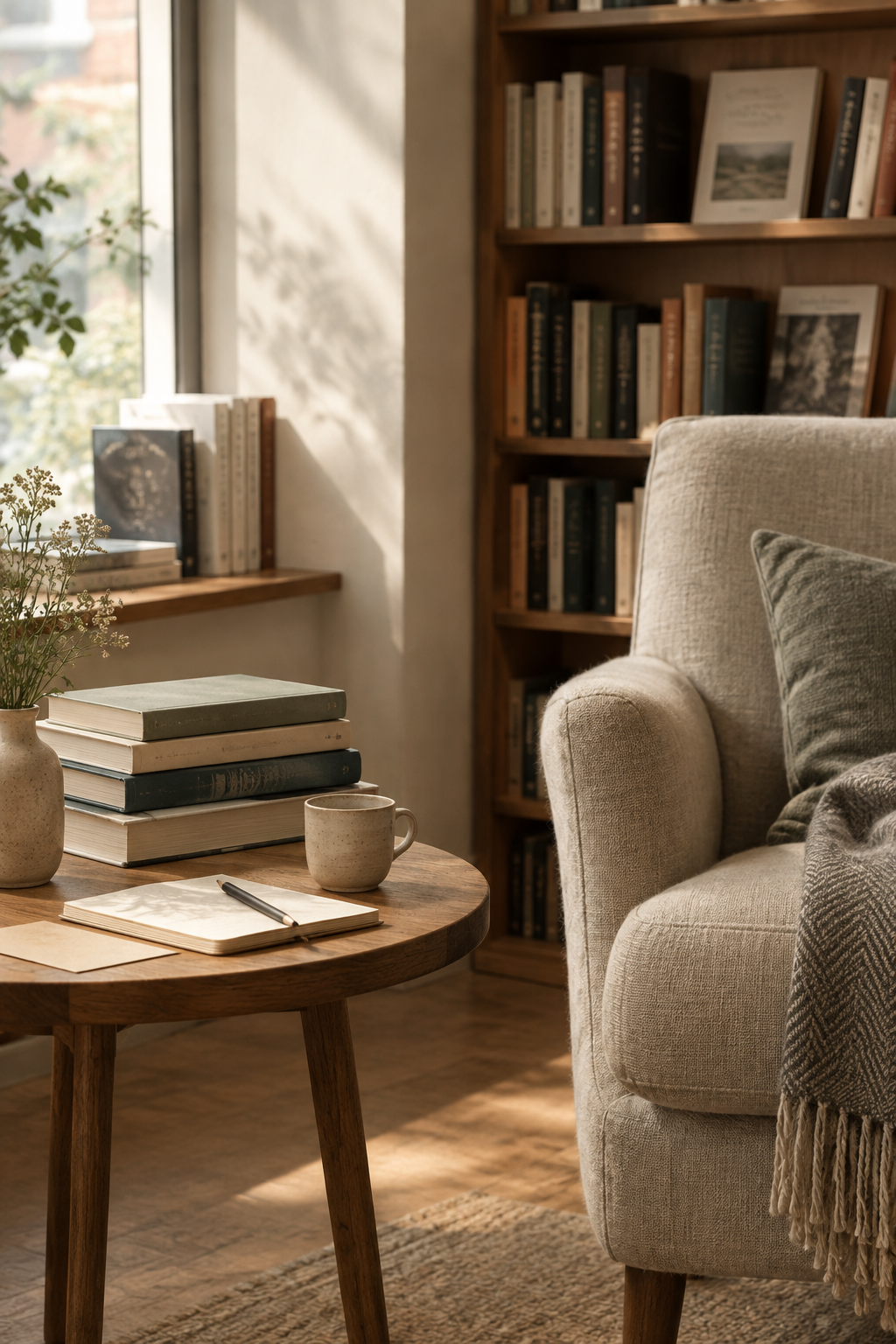 Quiet reading corner with stacked books, textured paper, and soft natural window light