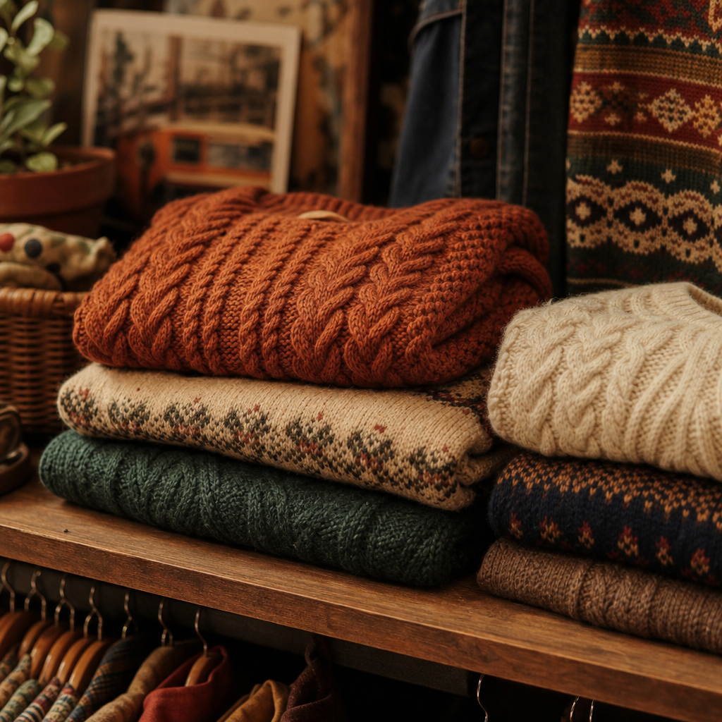 cozy knits folded vintage sweaters in warm earthy tones