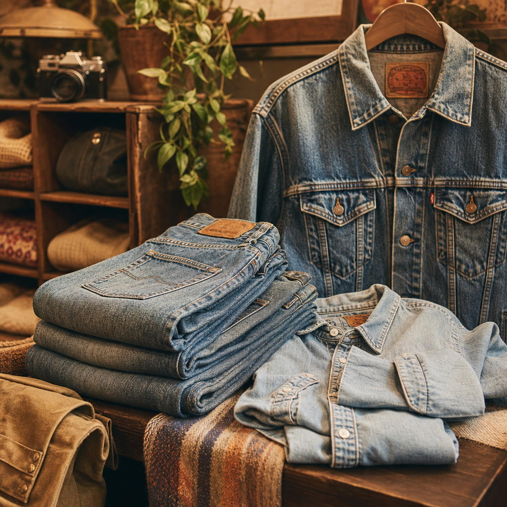 denim days stack of vintage jeans and worn blue jackets