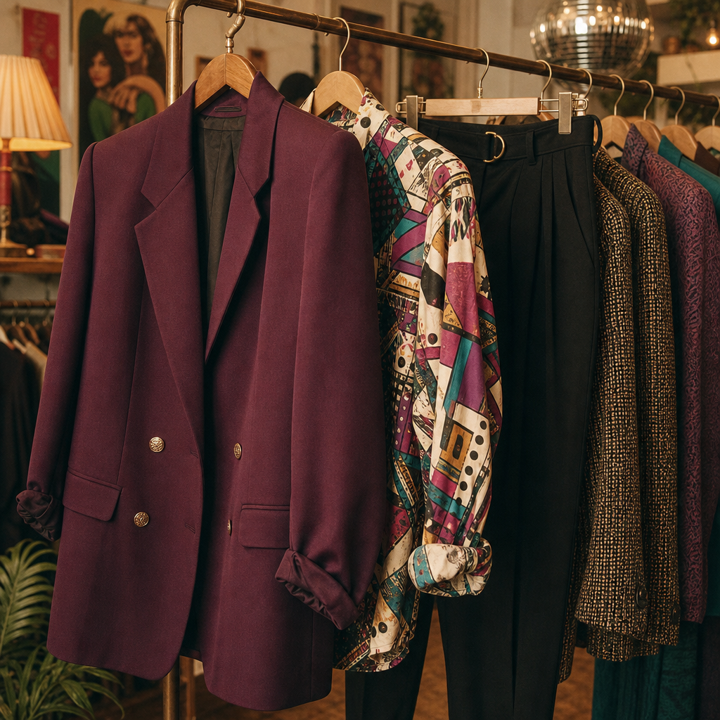 80s favorites rack with bold blazers and textured layers