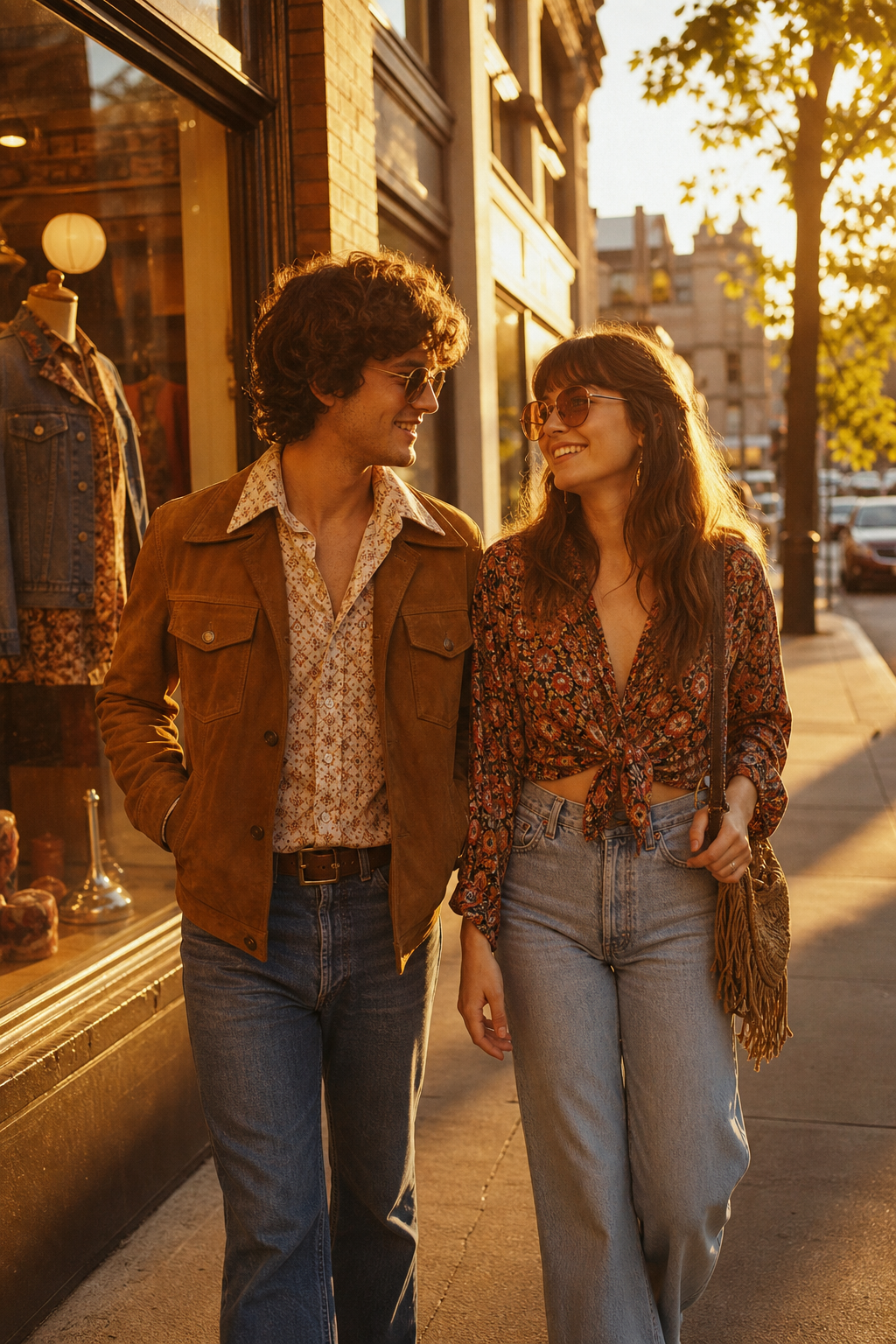 Two young adults in warm-toned 70s and 80s vintage layers on a city street at golden hour