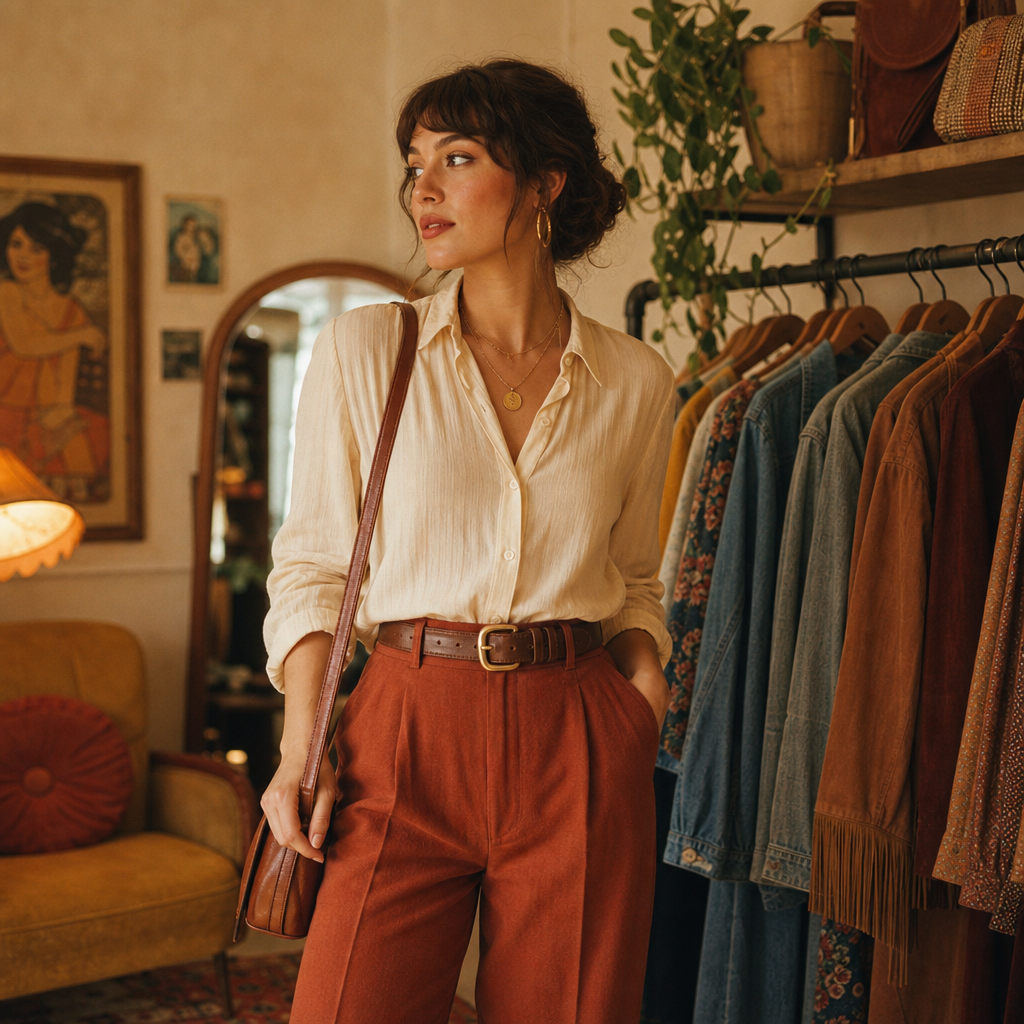 Styled vintage outfit with high-waist trousers, tucked blouse, and retro accessories in soft indoor light