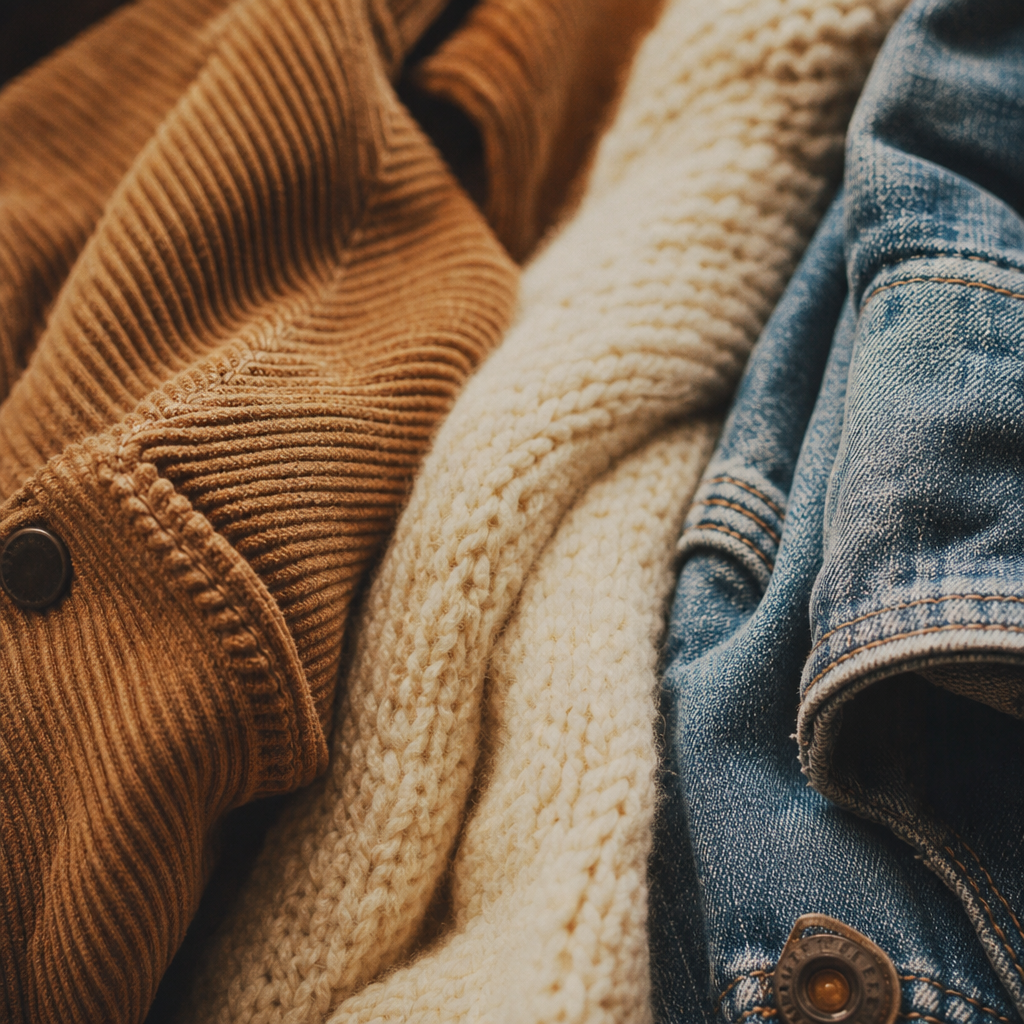 Close crop of corduroy, knit, and denim vintage textures in caramel and rust tones
