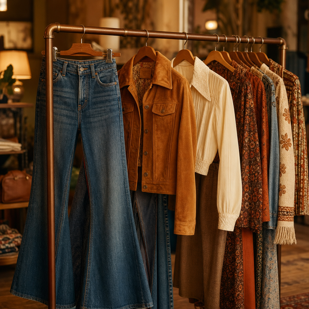 70s staples vintage clothing rail with flared denim and suede textures