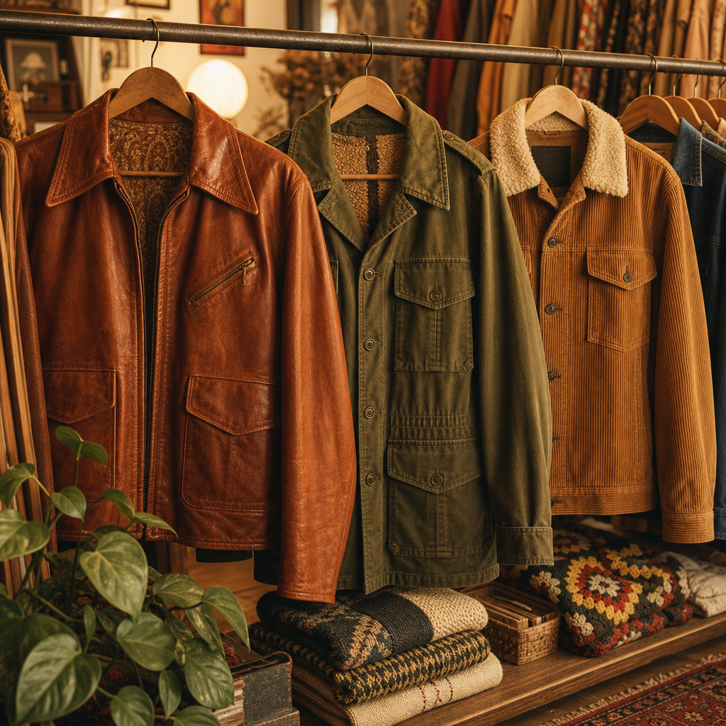 standout outerwear vintage leather and corduroy jackets on wooden hangers