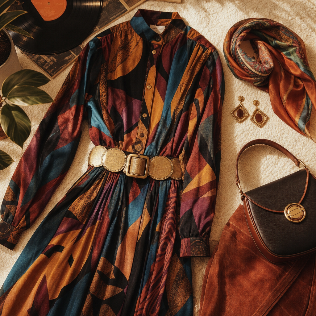 statement pieces featuring printed vintage dress and bold accessories