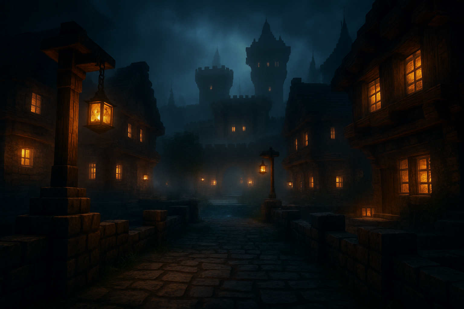 Fantasy medieval Minecraft spawn with stone ramparts, lantern-lit streets, and a misty castle courtyard at night