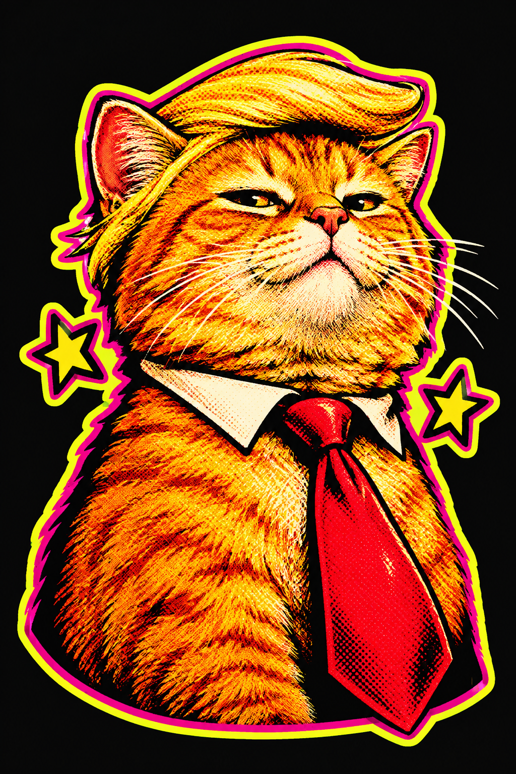 Collectible poster-style Trump cat sticker with a dramatic campaign vibe and mischievous expression