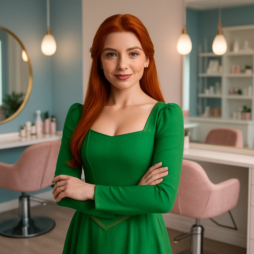Confident, friendly girl with long red hair in a bright green dress, inspired by Fiona from Shrek, styled elegantly in a modern beauty salon vibe