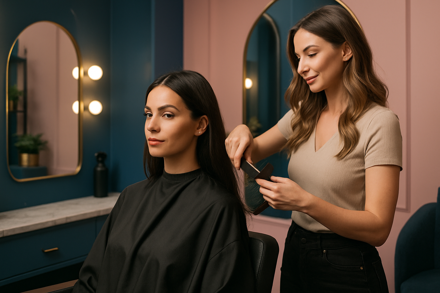 Professional beauty salon atmosphere with a stylish woman getting a haircut, blue and pink elegant accents, modern and inviting, shot by a professional photographer