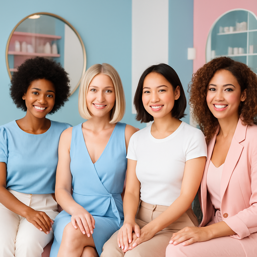 Stylish diverse women with chic hairstyles, make-up, and manicured nails in a modern beauty salon, blue and pink accents, feminine vibe