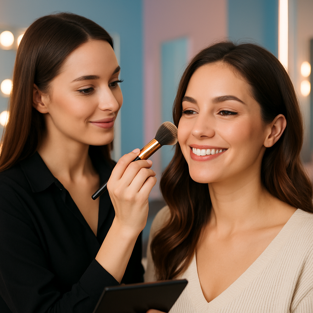 Professional make-up being applied on a smiling woman