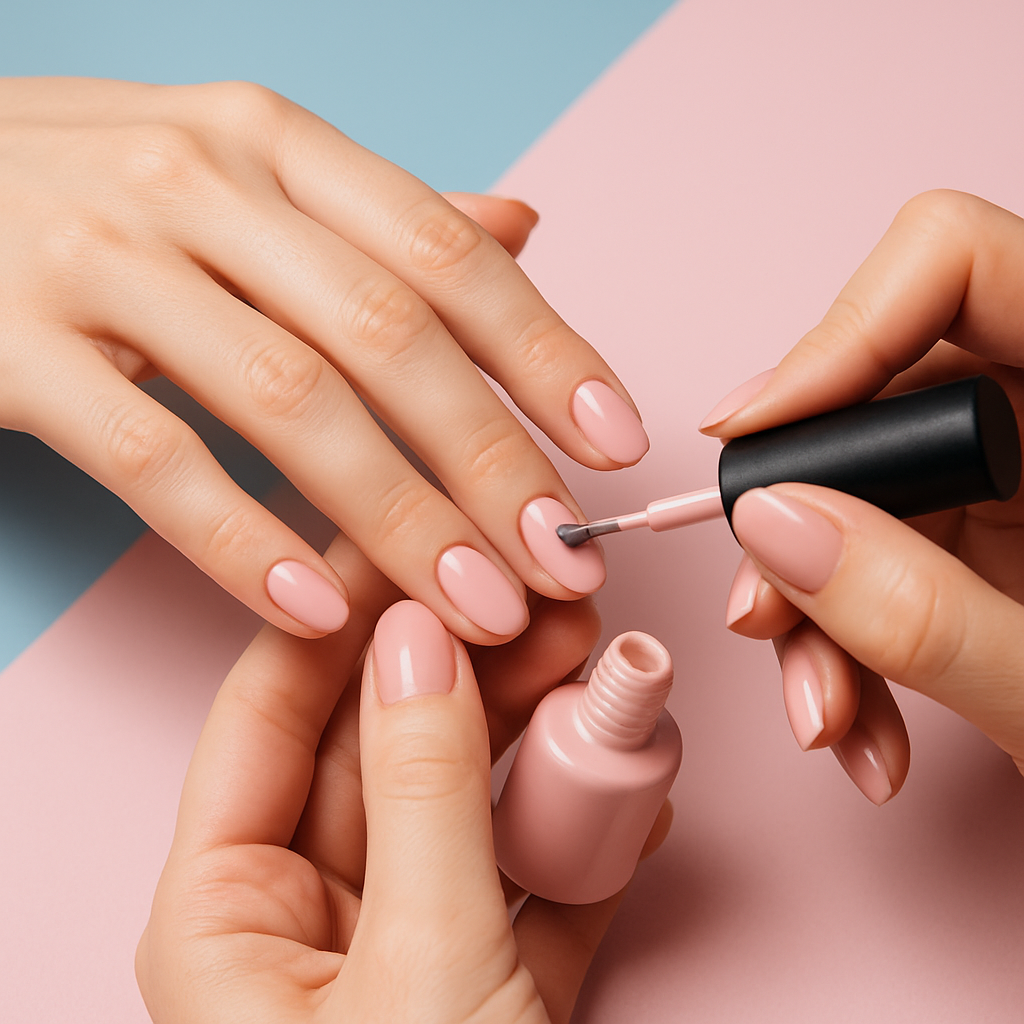 Close-up of a woman's hands receiving a manicure with pink nail polish