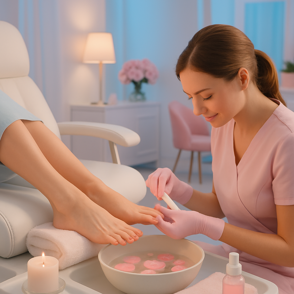 Feet being pampered during a relaxing pedicure in a bright salon
