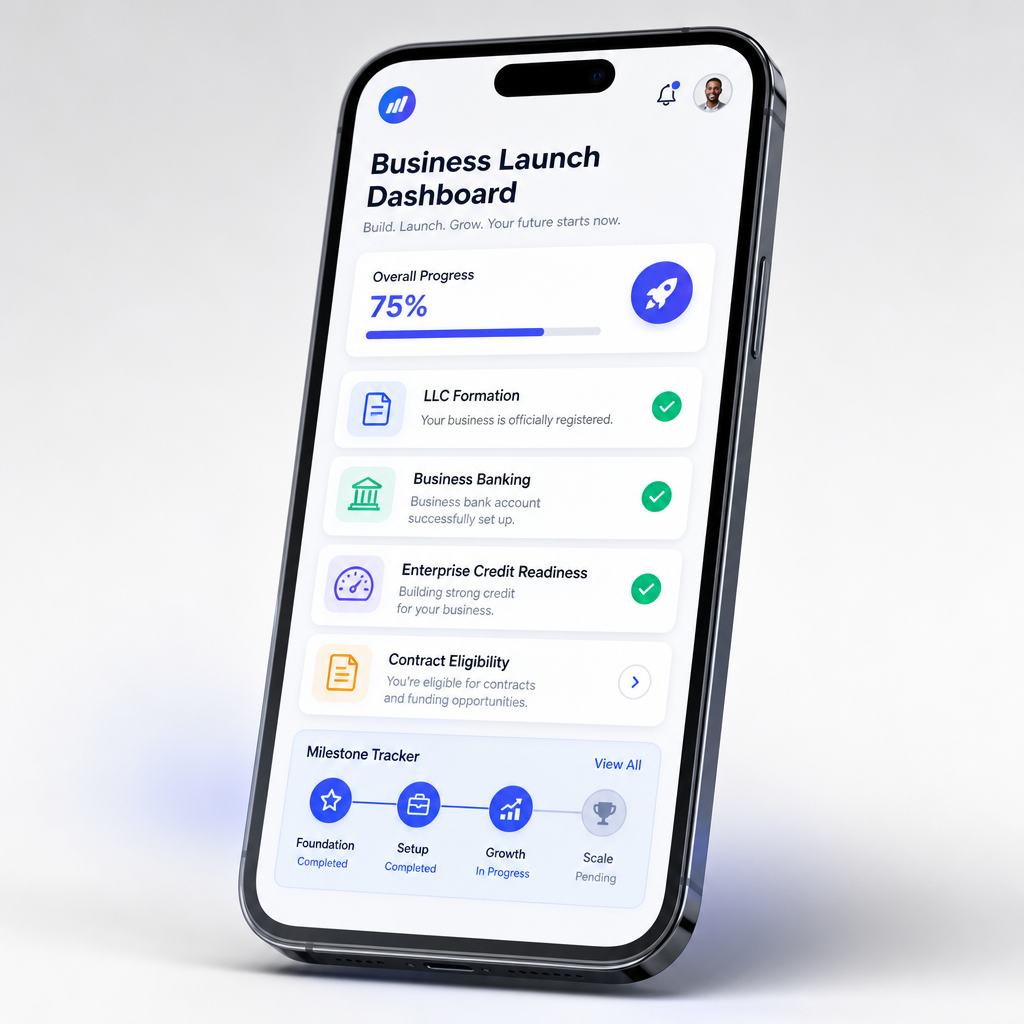 Mobile dashboard showing a business launch checklist, banking setup, and contract readiness milestones