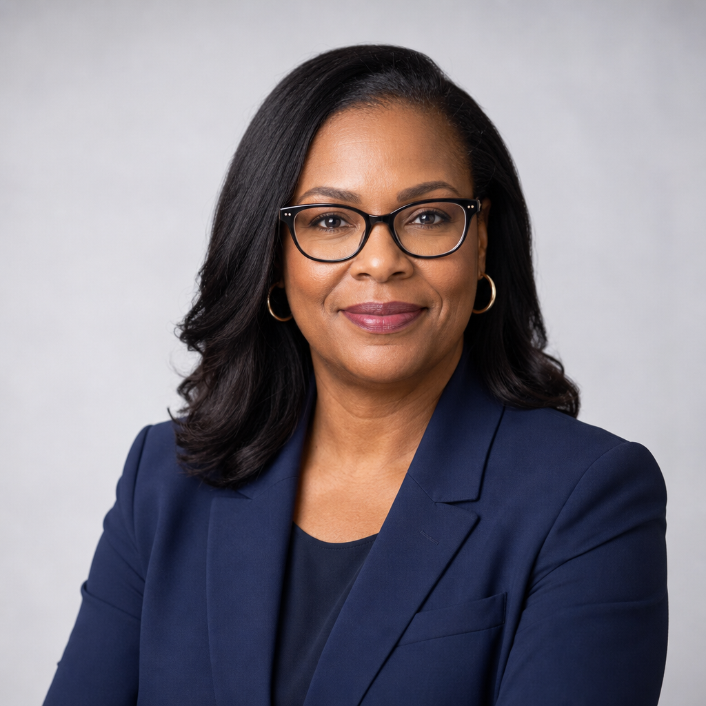 Confident Black woman in her 40s wearing a navy blazer and glasses, professional headshot