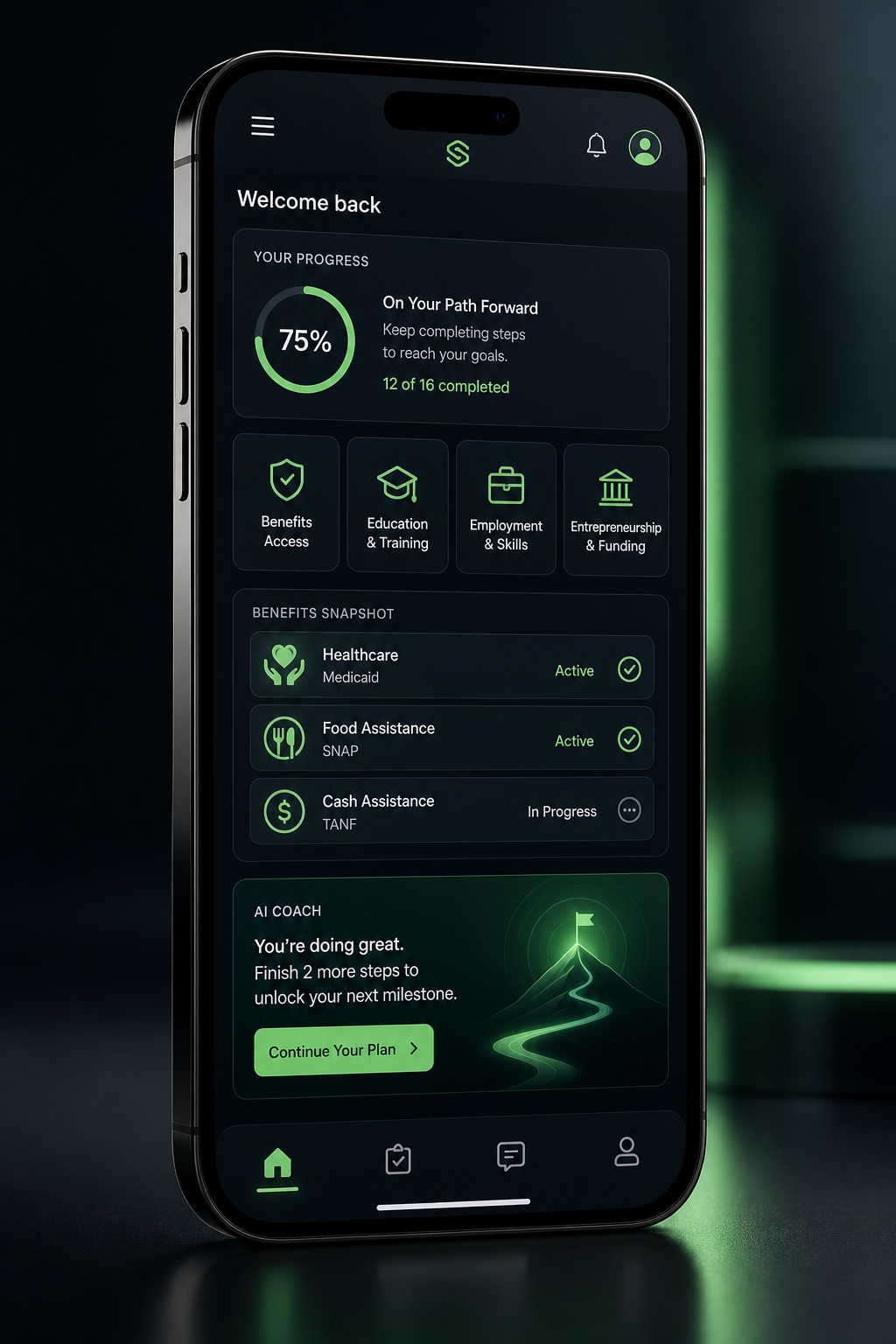 Tall modern smartphone showing a clean, futuristic re-entry dashboard with progress rings, benefit status, and coaching prompts