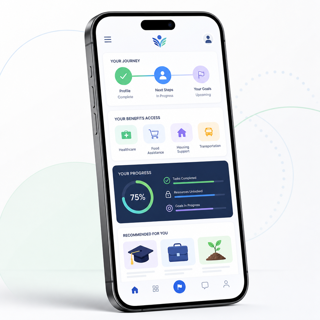 High-tech smartphone showing a clean dashboard interface with progress steps and benefit icons