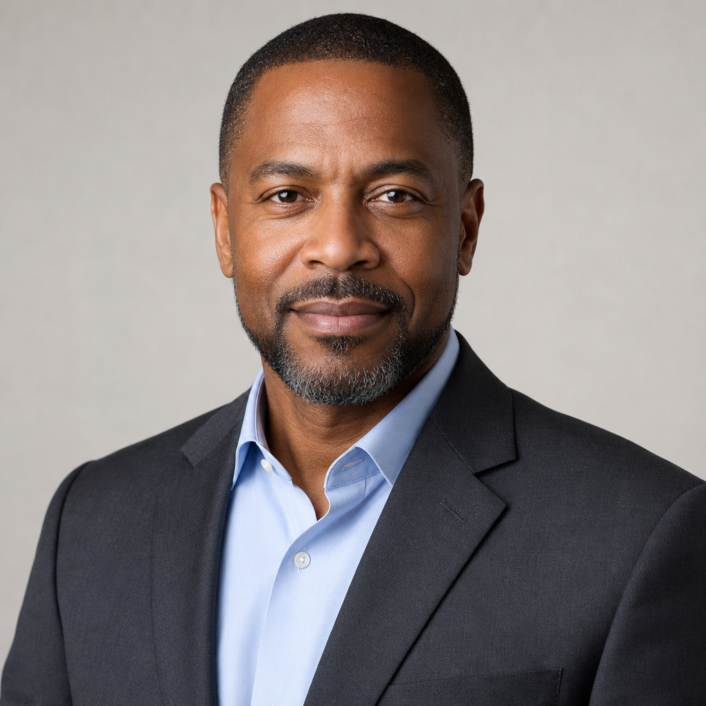 Black man in his 40s wearing a charcoal suit and light blue shirt, professional headshot