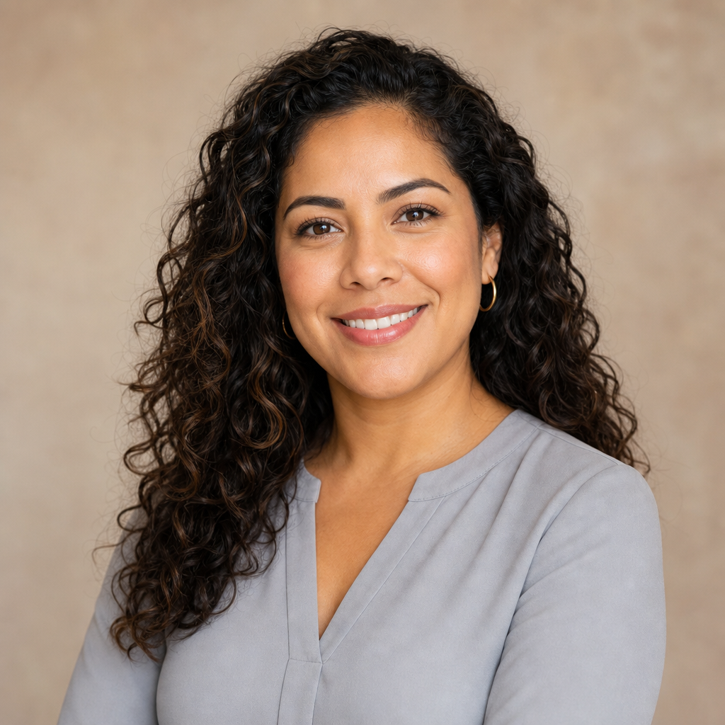 Latina woman in her 30s with curly hair wearing a soft gray blouse, professional headshot