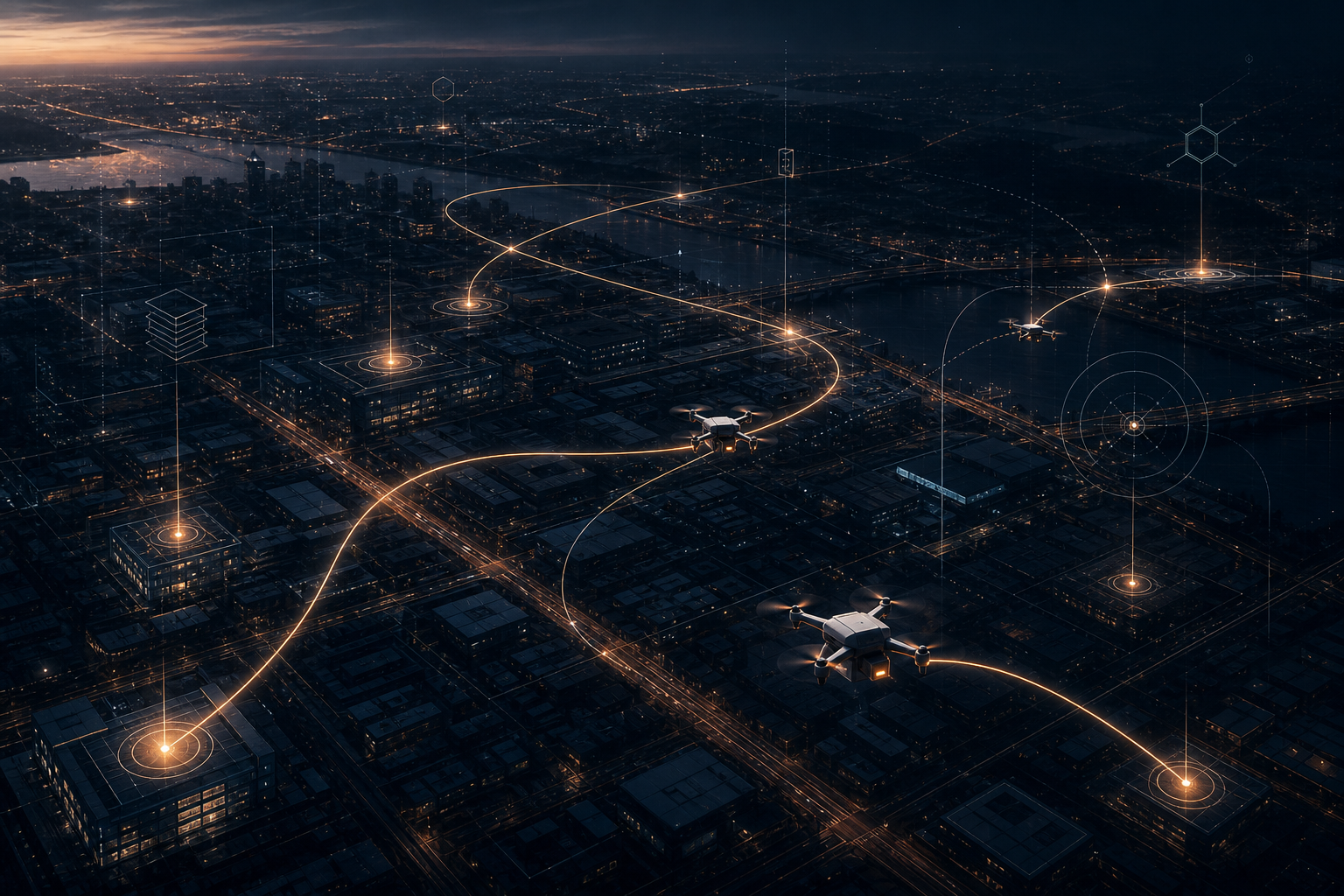 Abstract aerial city network at night with drone route paths, glowing logistics nodes, and schematic autonomous delivery atmosphere