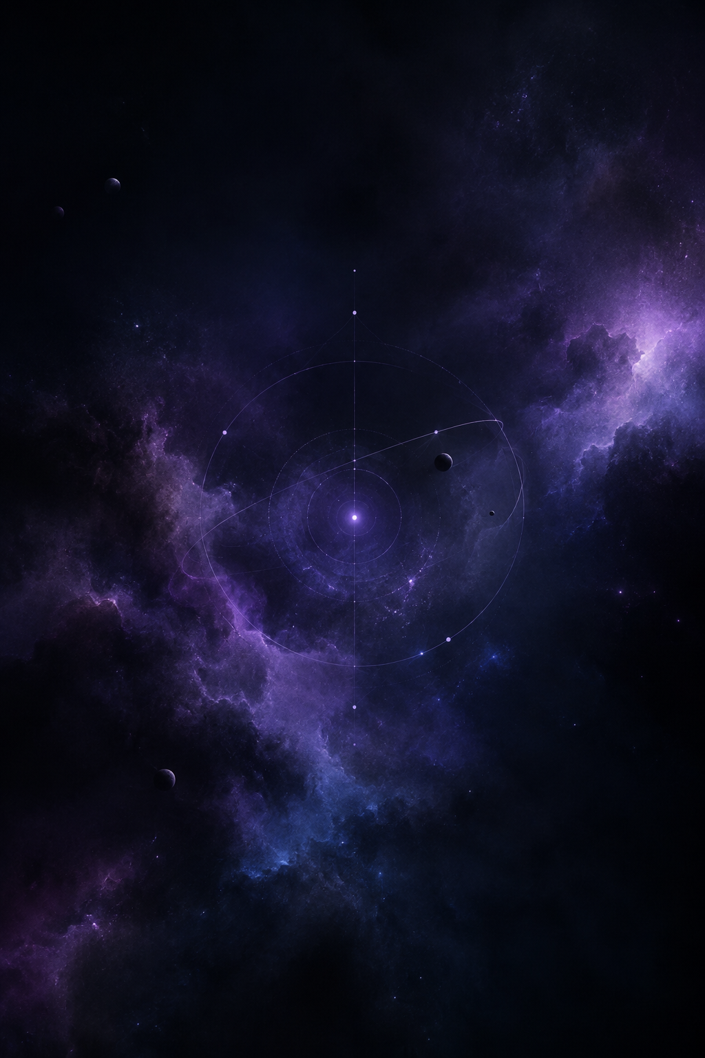 Dark sci-fi field with violet haze, distant particulate light, and subtle orbital signal geometry