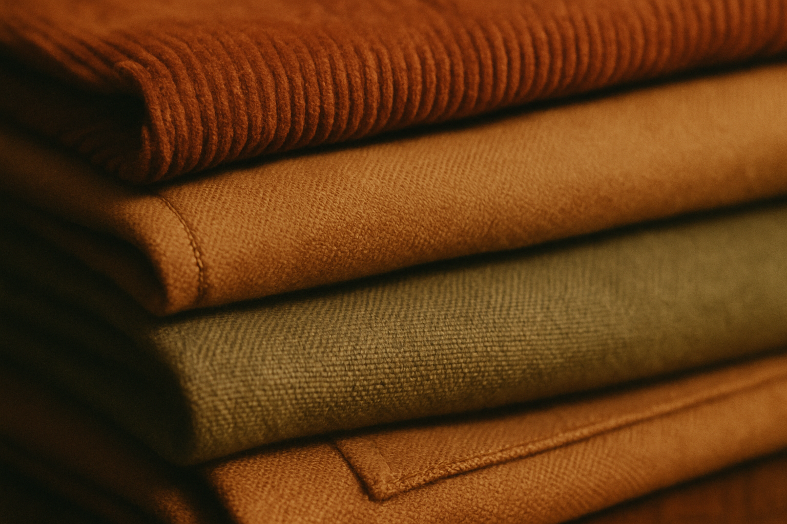 Close-up of textured vintage fabrics in rust, camel, and olive tones stacked with visible weave and stitching