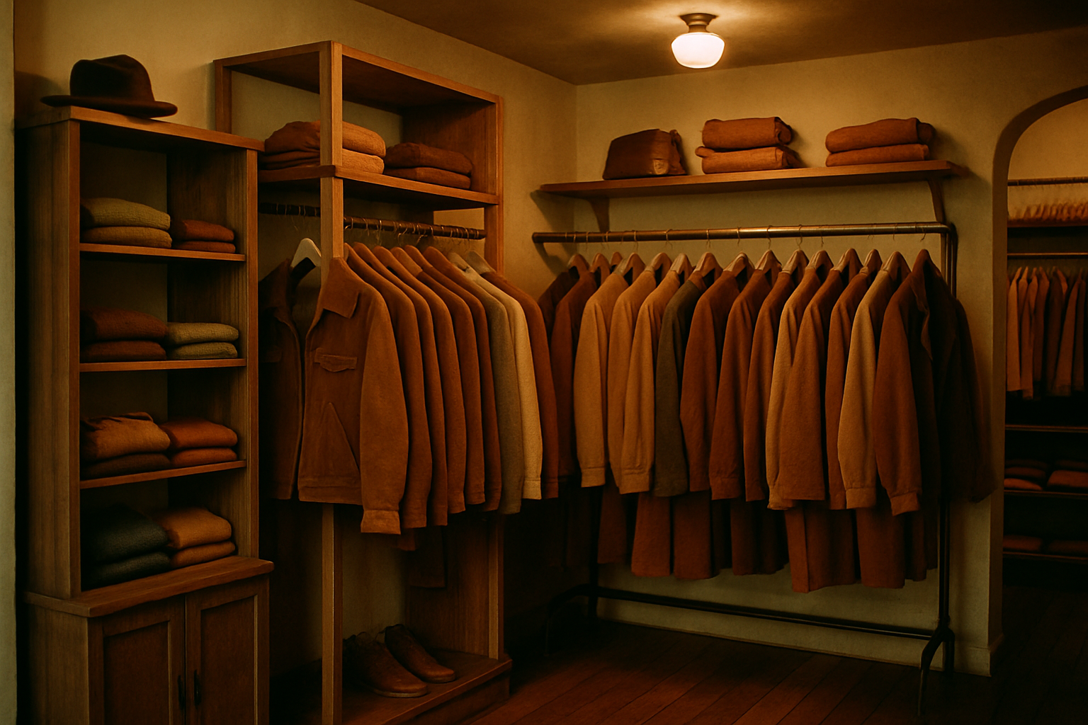 Warm vintage boutique interior with wood shelving, soft amber lighting, and racks of earth-toned 70s jackets