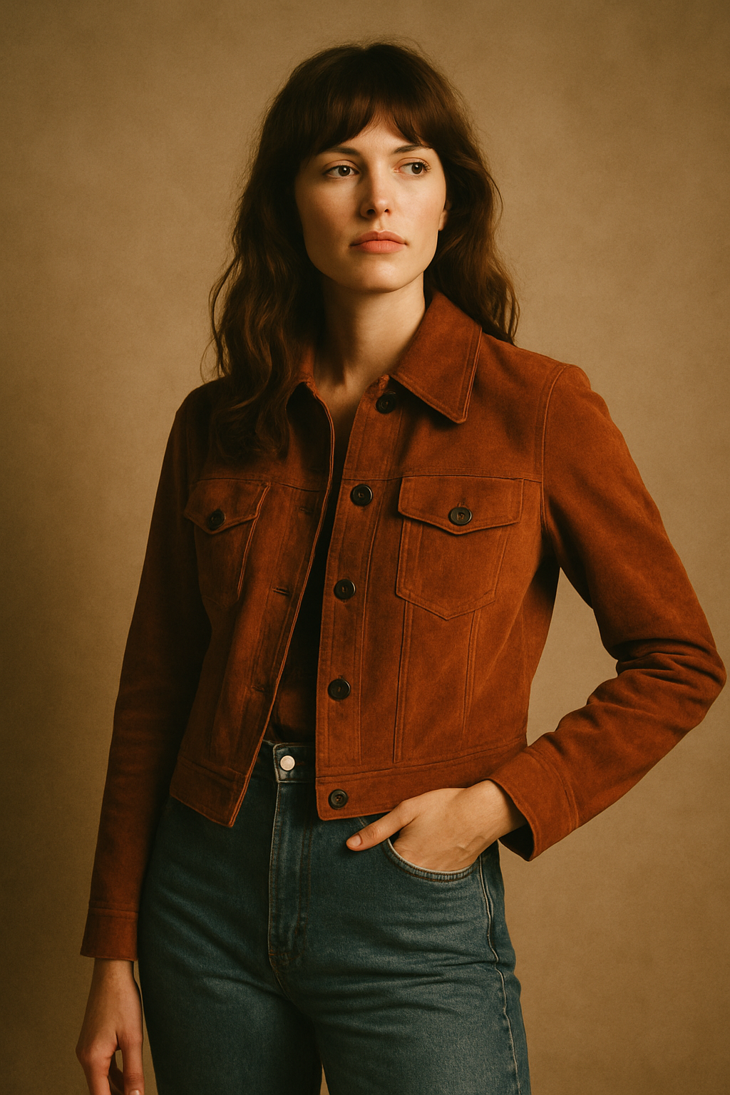 editorial photo of a stylish model wearing a rust-toned 70s suede jacket and high-waisted denim in warm film lighting