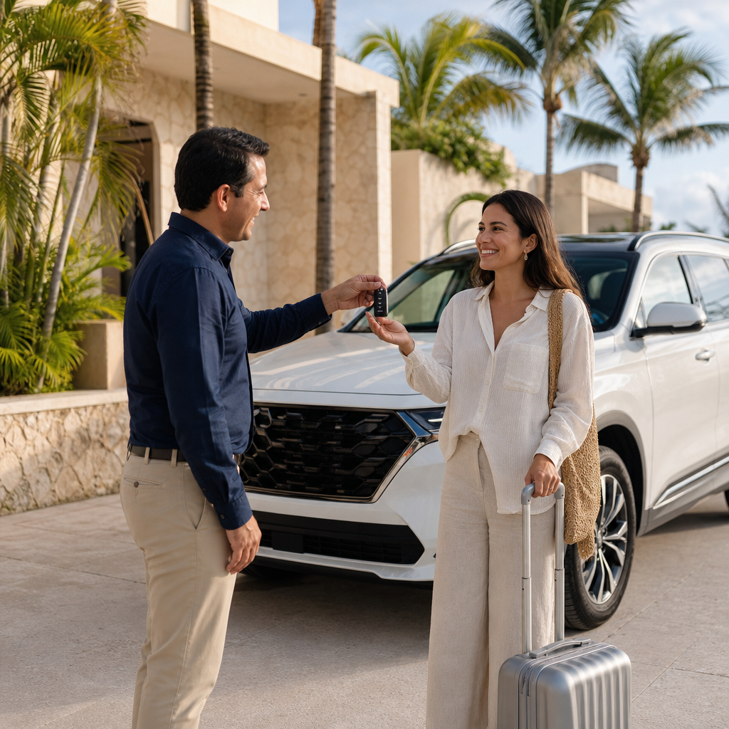 Asesor de renta premium entregando llaves junto a una SUV moderna frente a zona hotelera de Cancún