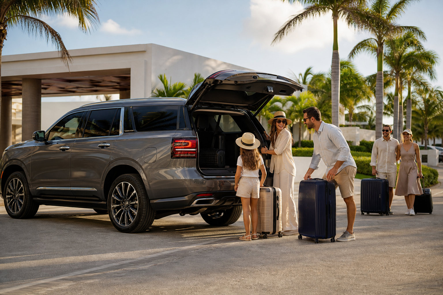 Familia y grupo de viajeros junto a una SUV premium rentada en Cancún, en zona hotelera con luz natural