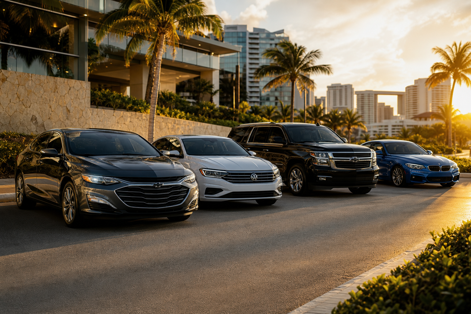 Flota premium de renta en Cancún con sedán ejecutivo tipo Chevrolet Malibu, sedán moderno tipo Volkswagen Jetta, SUV grande tipo Suburban y coupé deportivo tipo BMW en entorno urbano pulido al atardecer