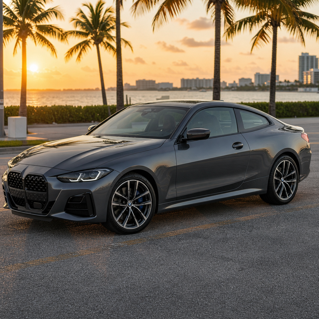 Coupé gris metálico estacionado frente al mar en Cancún al atardecer