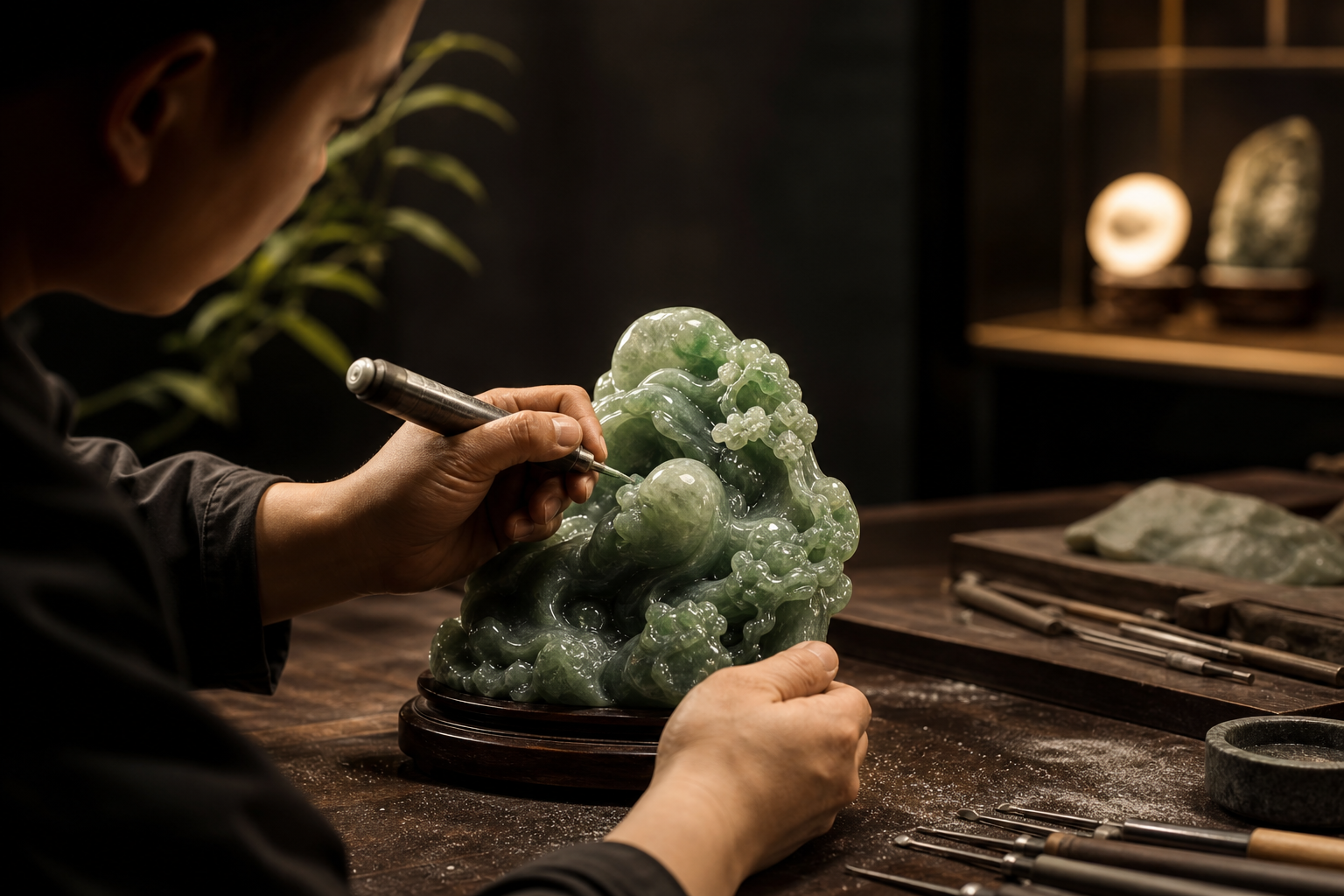 Craftsman carving a jade sculpture on a dark workbench with precision tools