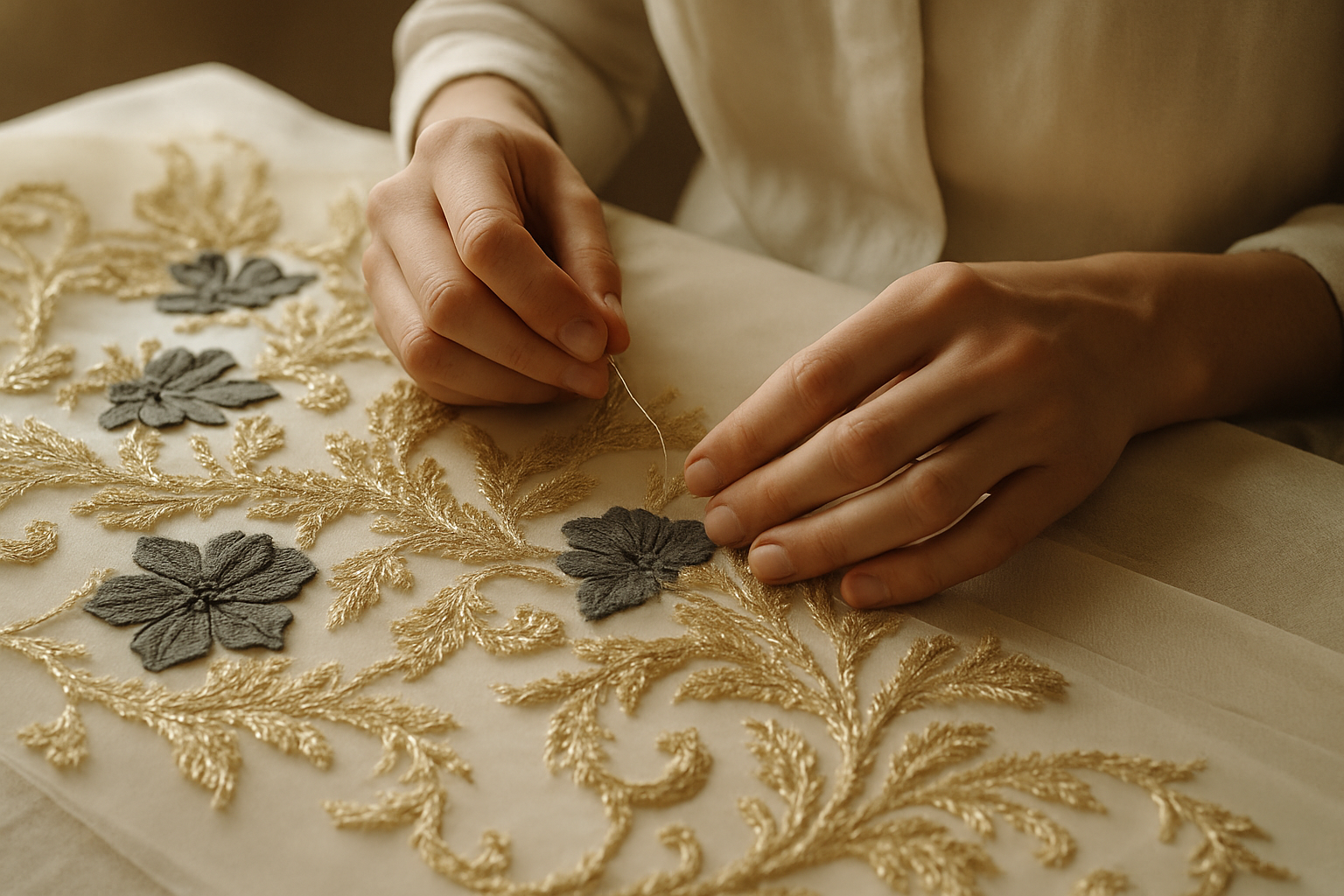 Detail shot of couture fabric and hands