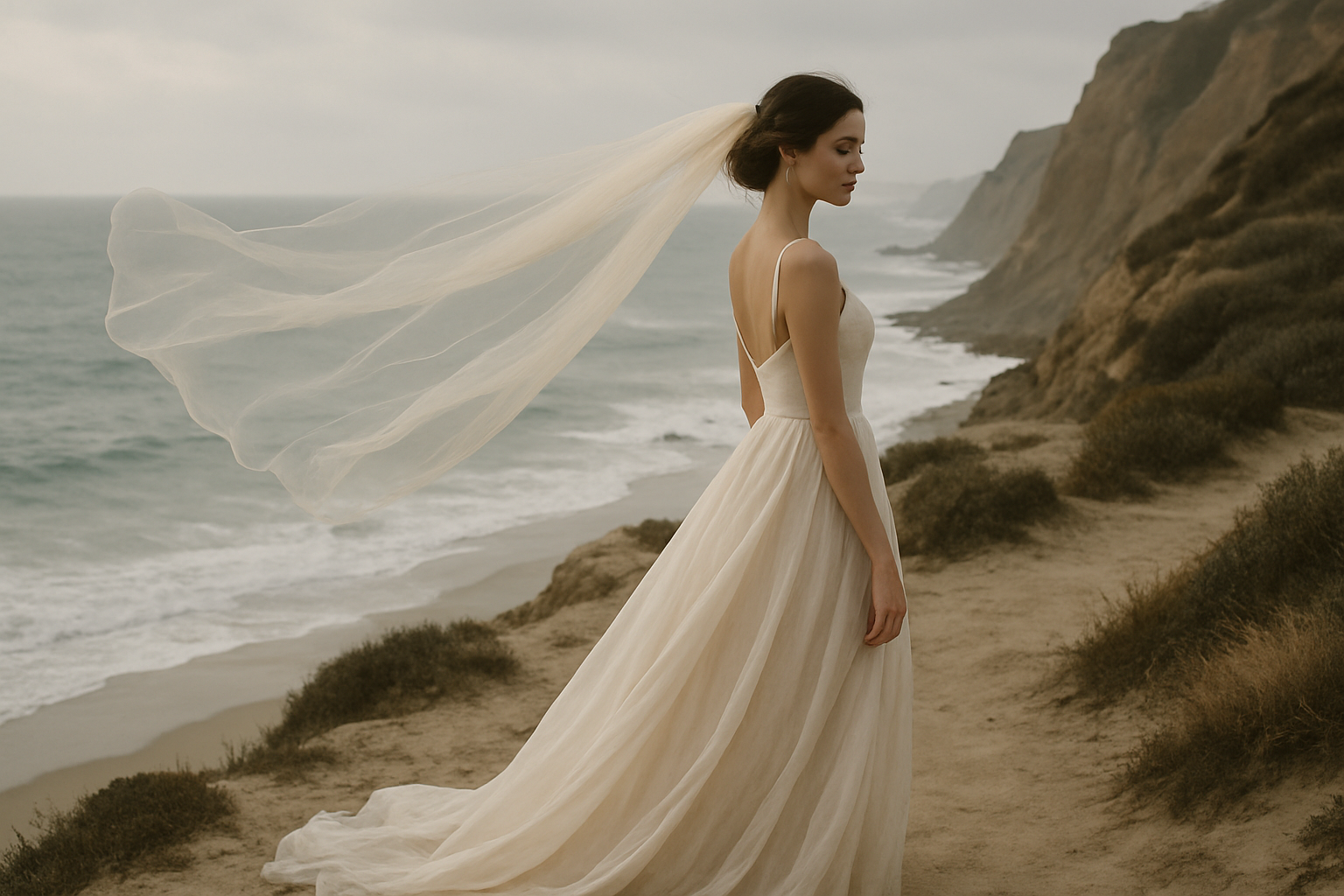 Bride standing by coastal cliffs in soft light