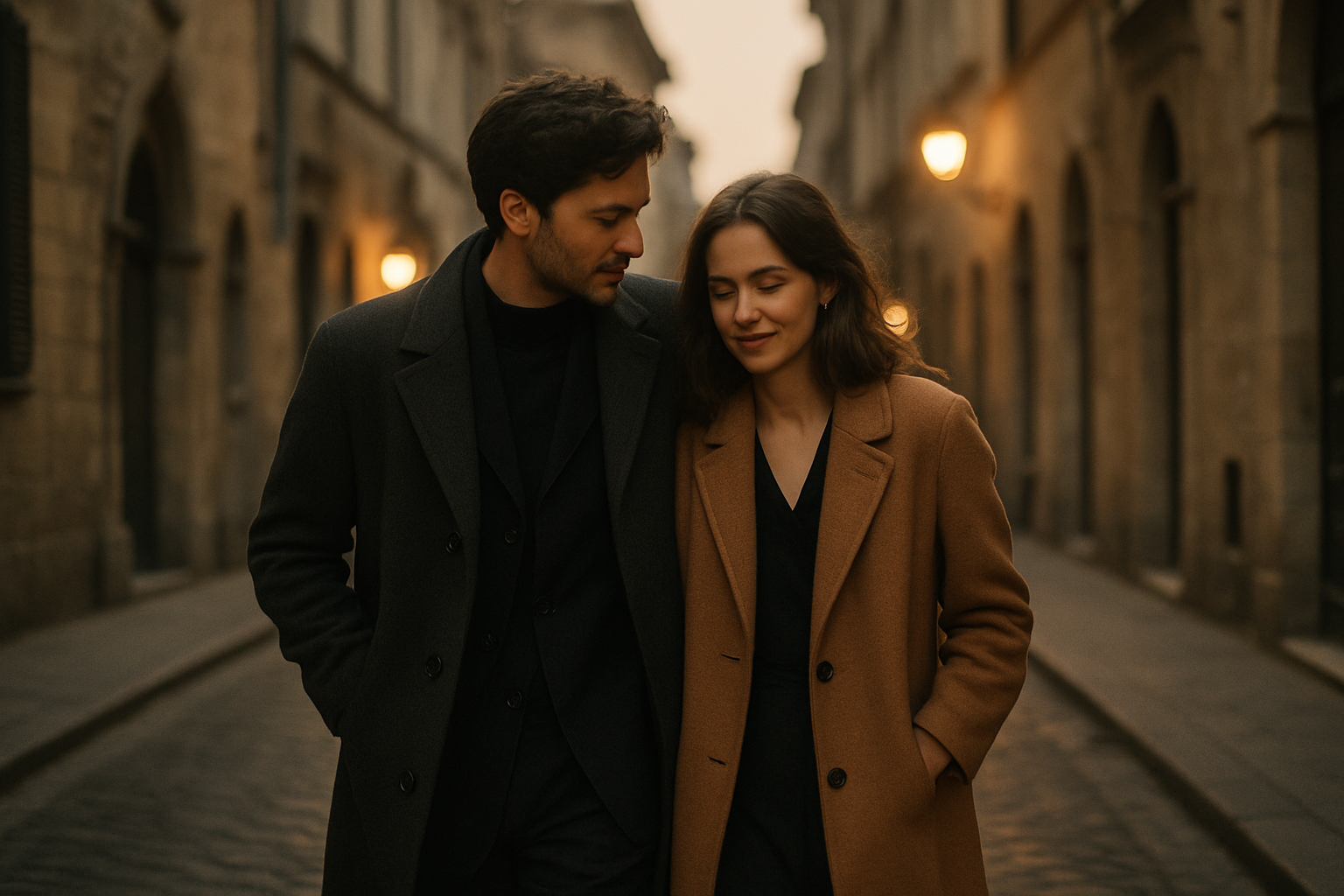 Couple walking through historic city streets