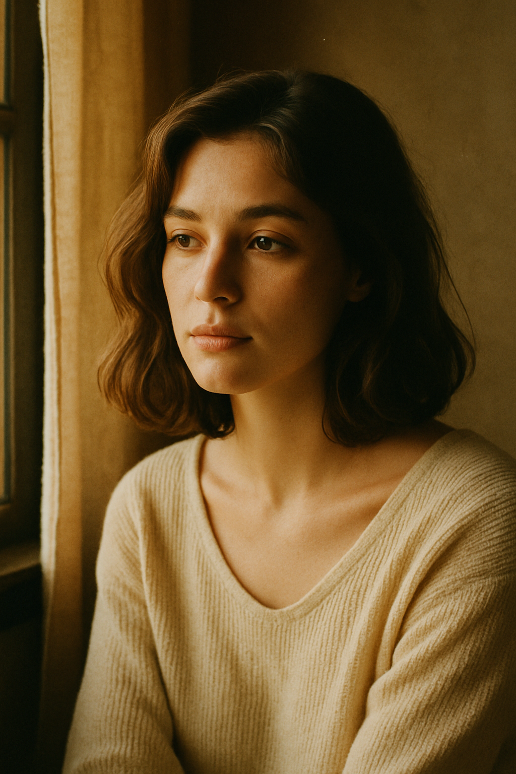 Film-style portrait with grain and warm tones