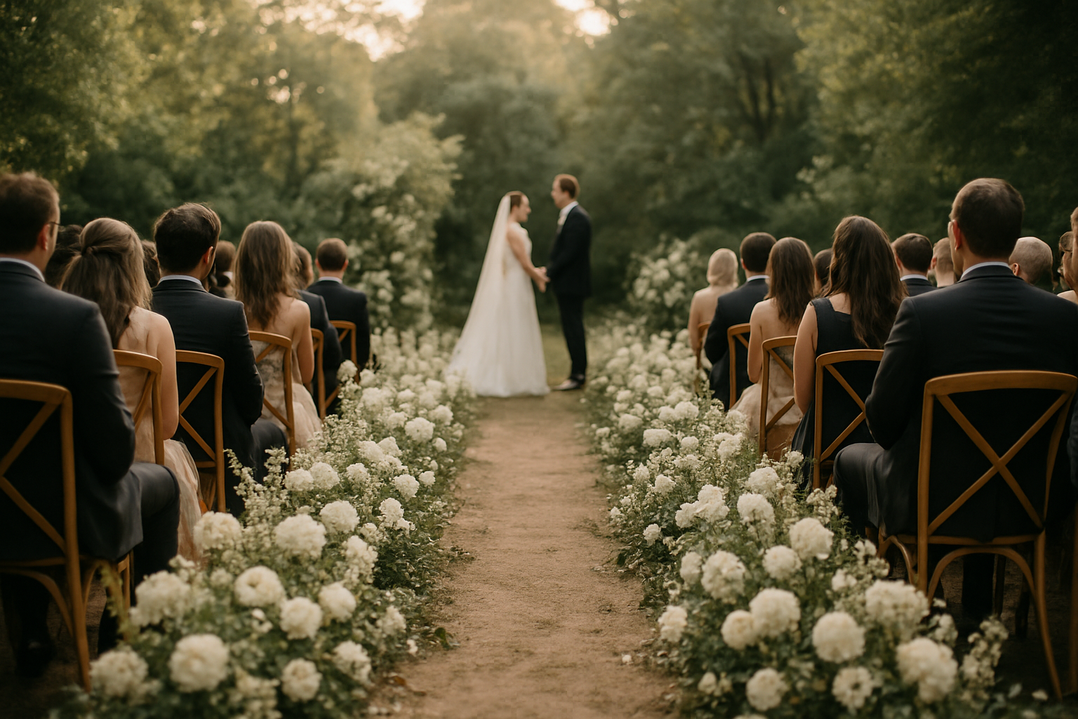 Outdoor ceremony with floral aisle and guests